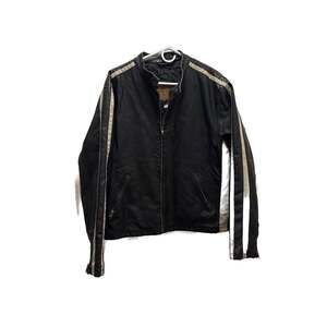 Vintage Arizona Jean Co. Black Faux Leather Motorcycle Jacket w/ White Stripes